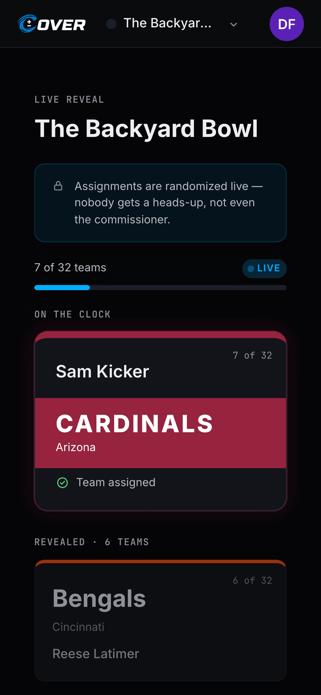 Team reveal screen spinning to land on an assigned team.