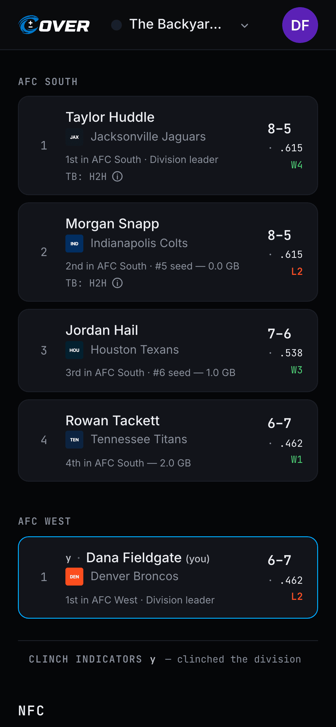 Division standings screen listing each member's win-loss record.