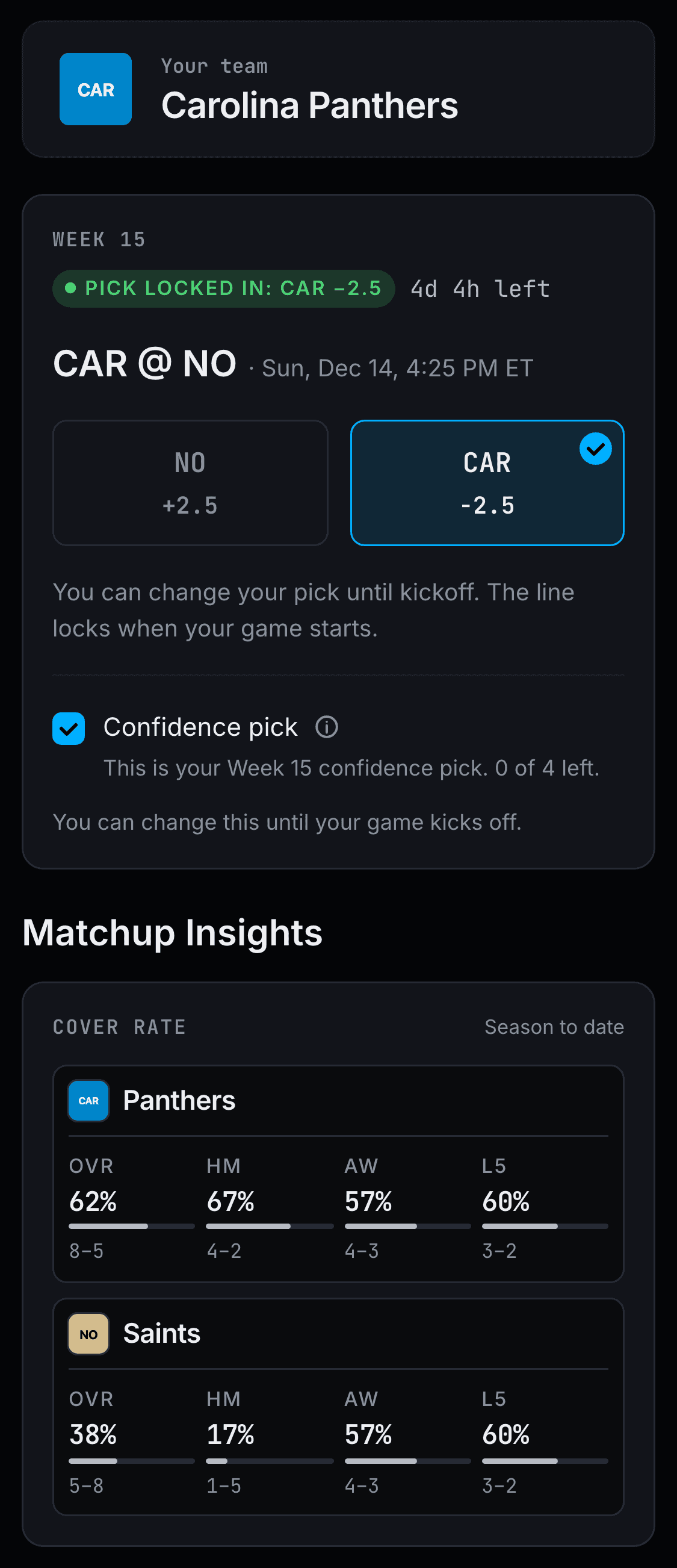 Weekly pick screen with both sides of the spread, one selected.